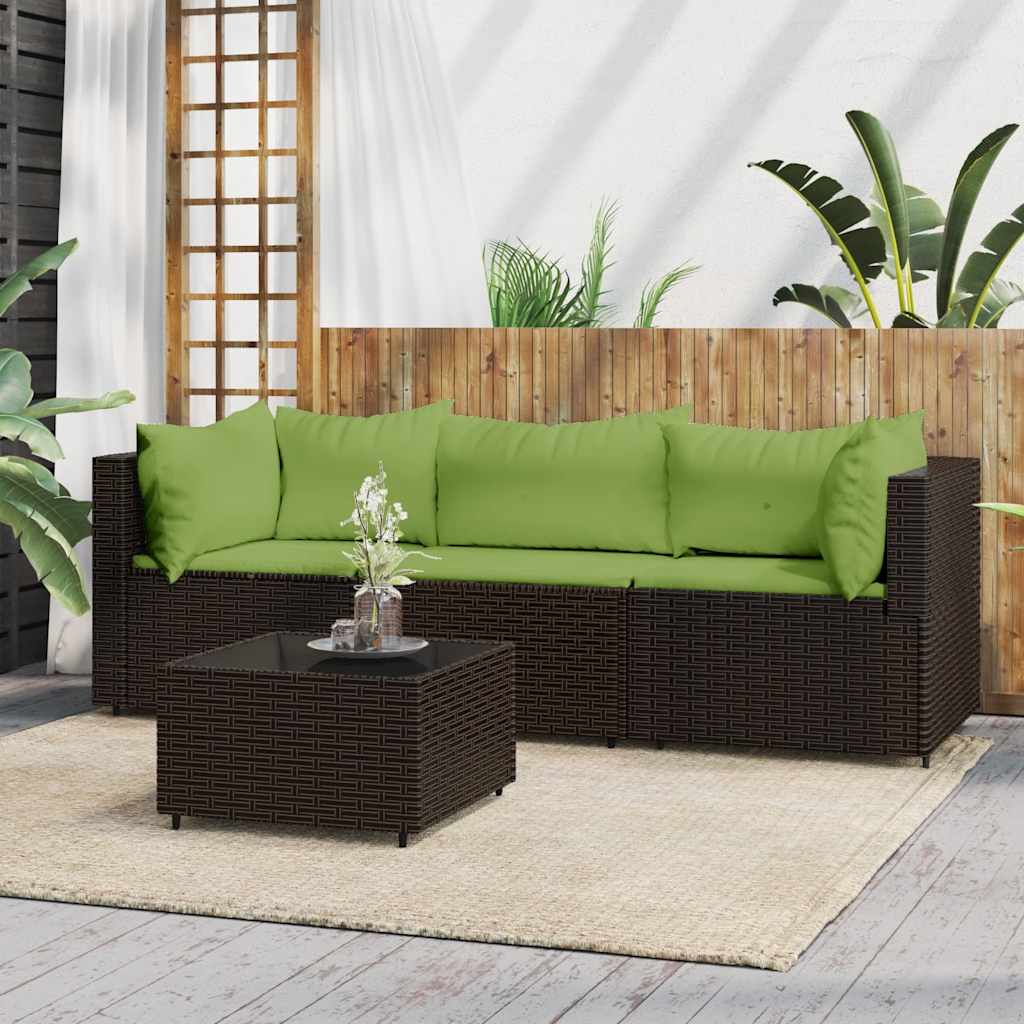 4 Pcs conjunto lounge jardim c/ almofadões vime PE castanho