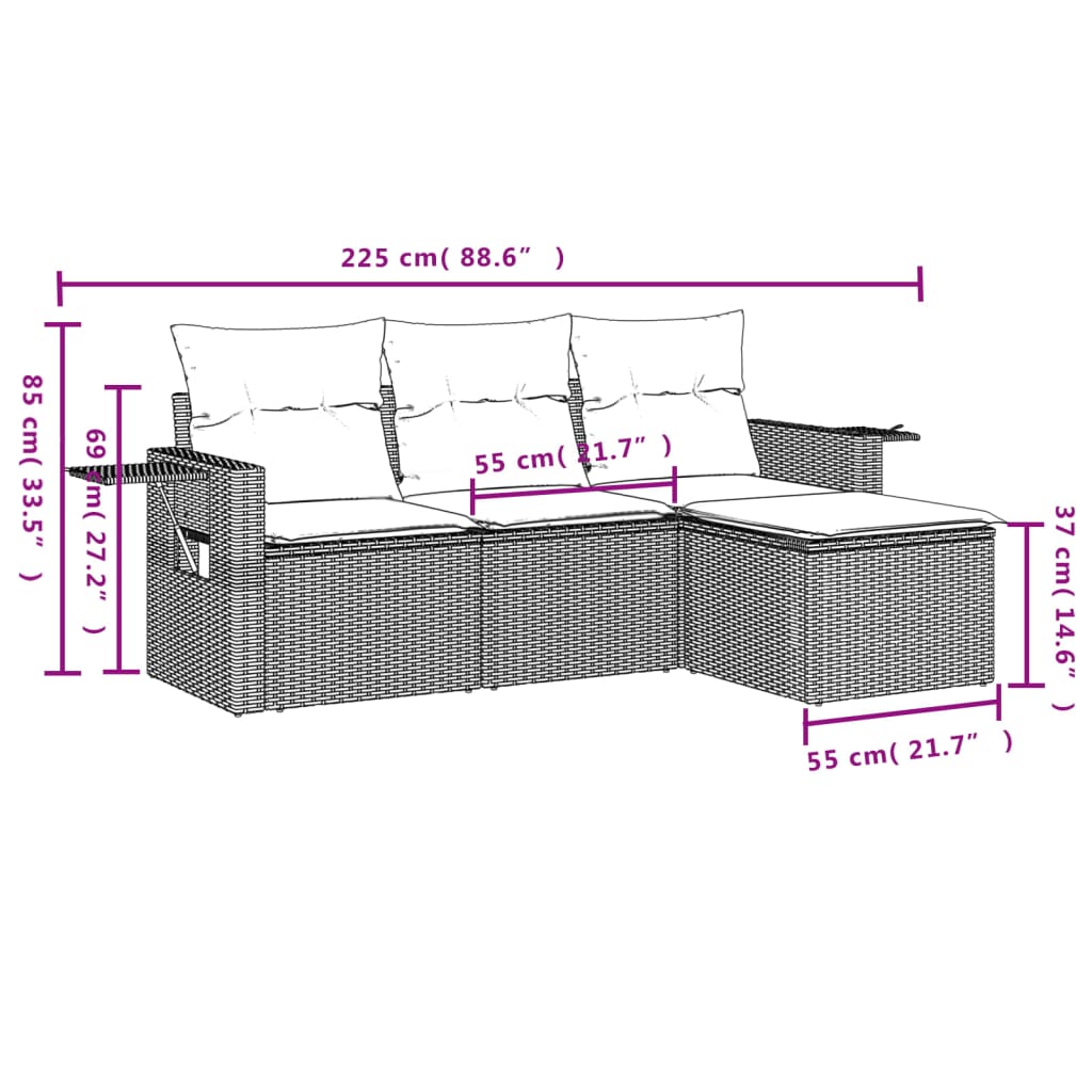 4 Pcs conj. sofás jardim c/ almofadões vime PE cinzento-claro