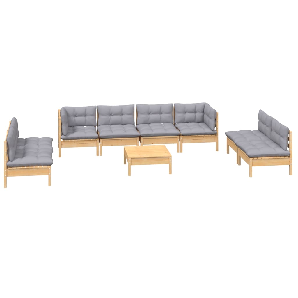 9 Pcs conjunto lounge de jardim + almofadões cinza pinho maciço