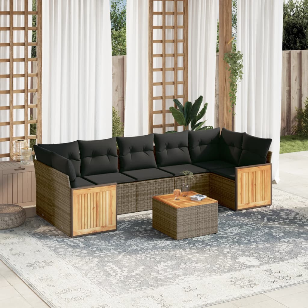 8 Pcs conjunto sofás de jardim c/ almofadões vime PE cinzento