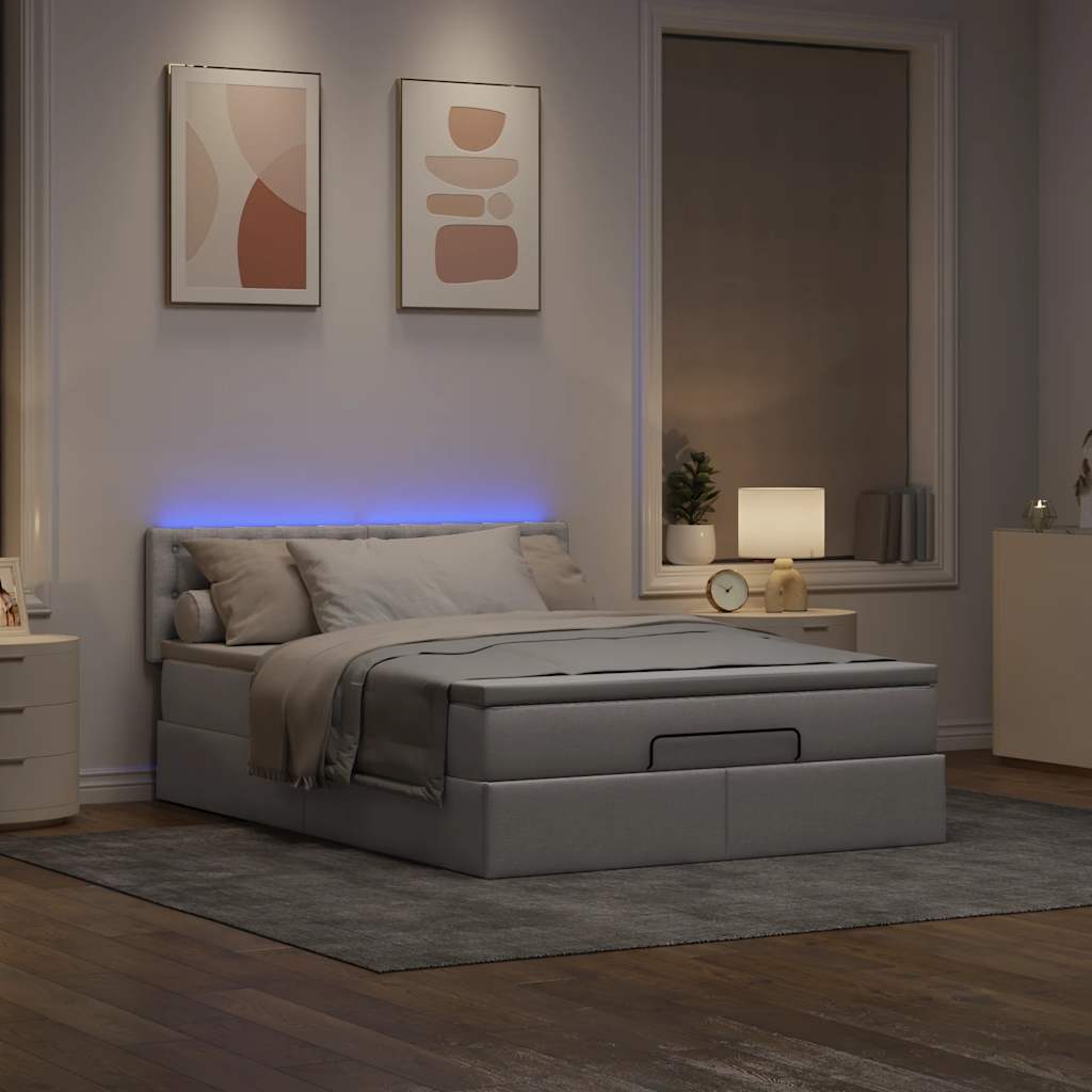 Cama otomana com colchão & leds 140x200 cm tecido cinza