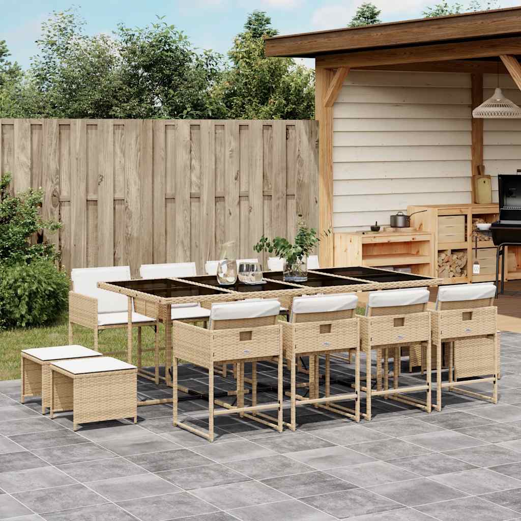 13 Pcs conjunto de jantar p/ jardim com almofadões vime PE bege