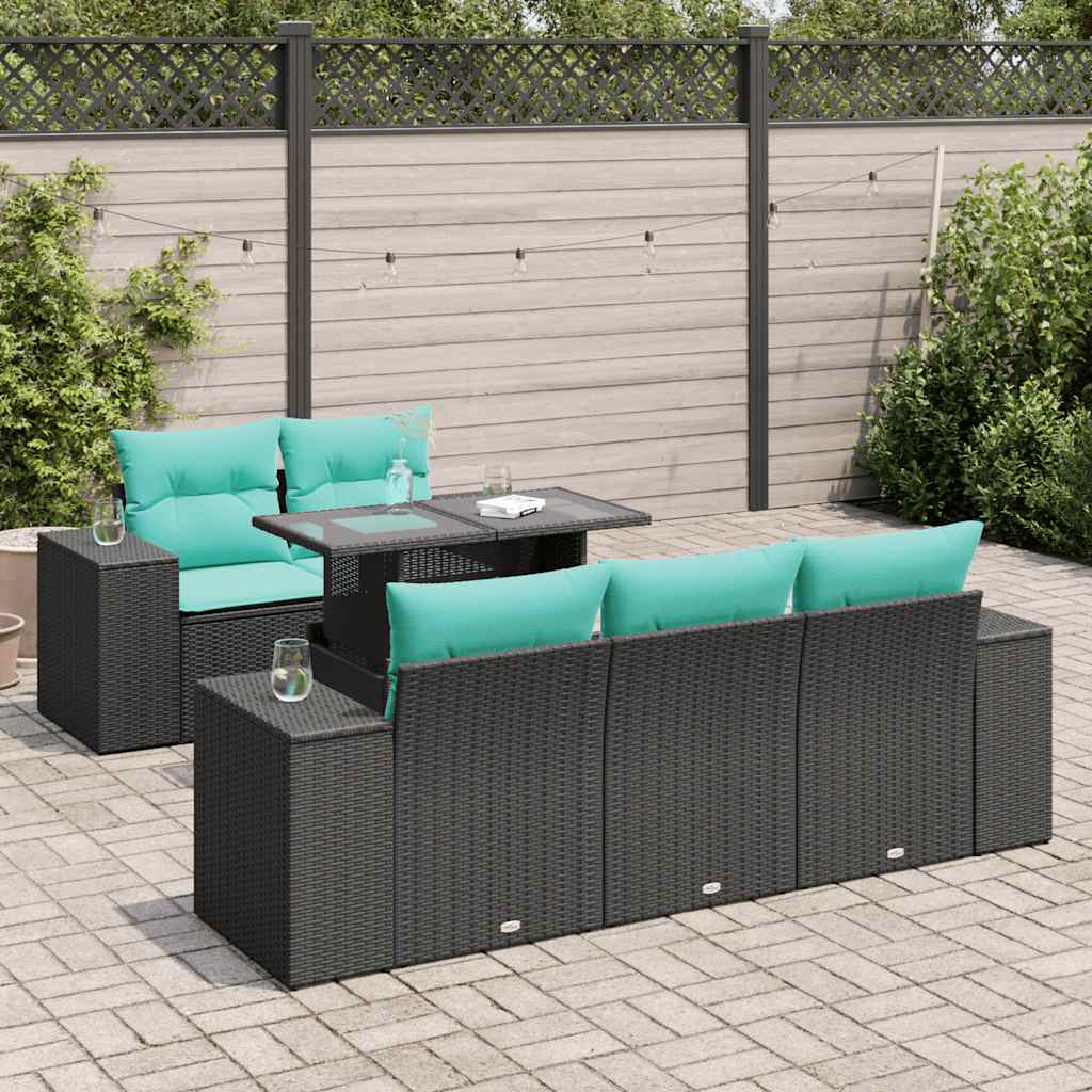 6 Pcs conjunto sofás jardim c/ almofadões vime PE/acácia preto