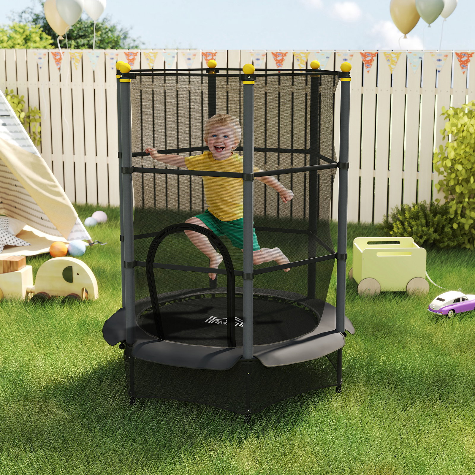 Trampolim para crianças com rede de segurança e estrutura de aço para interiores e exteriores carga 50kg ø140x190 cm preto