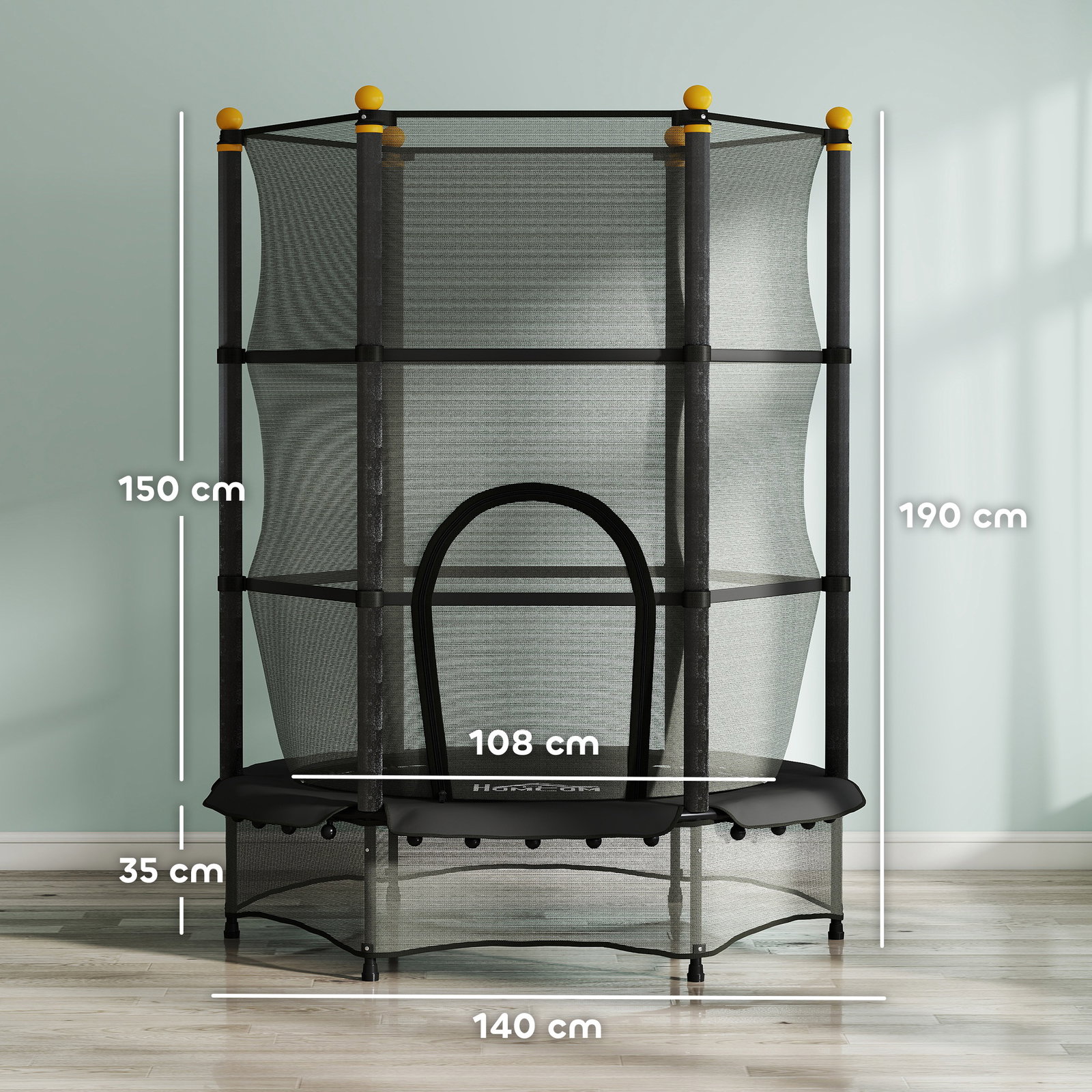 Trampolim para crianças com rede de segurança e estrutura de aço para interiores e exteriores carga 50kg ø140x190 cm preto