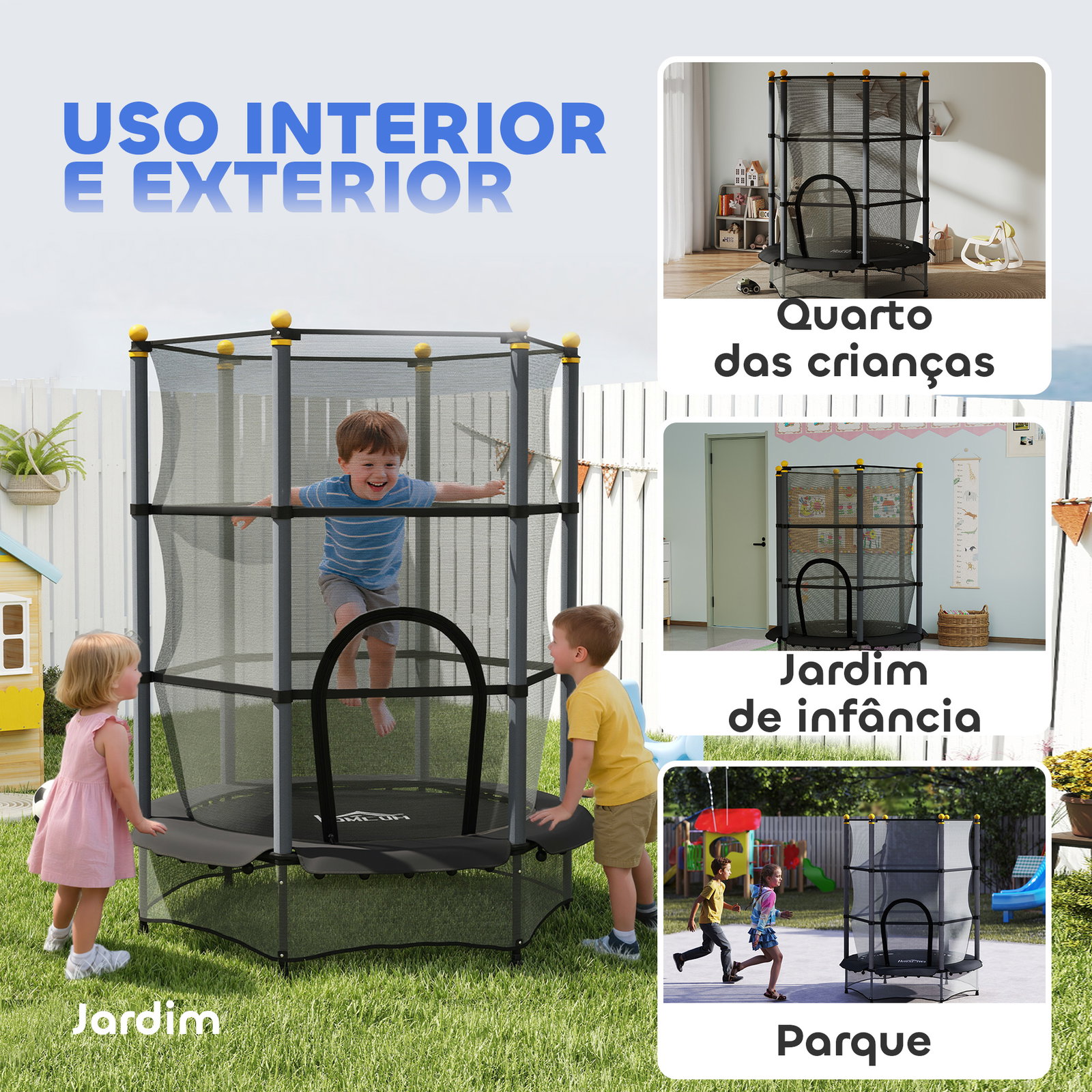 Trampolim para crianças com rede de segurança e estrutura de aço para interiores e exteriores carga 50kg ø140x190 cm preto