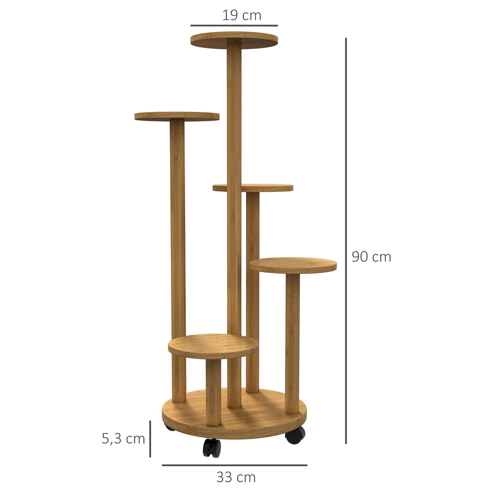 Suporte para plantas em bambu com rodas de 5 níveis estante redonda para plantas para cantos 33x33x90 cm madeira