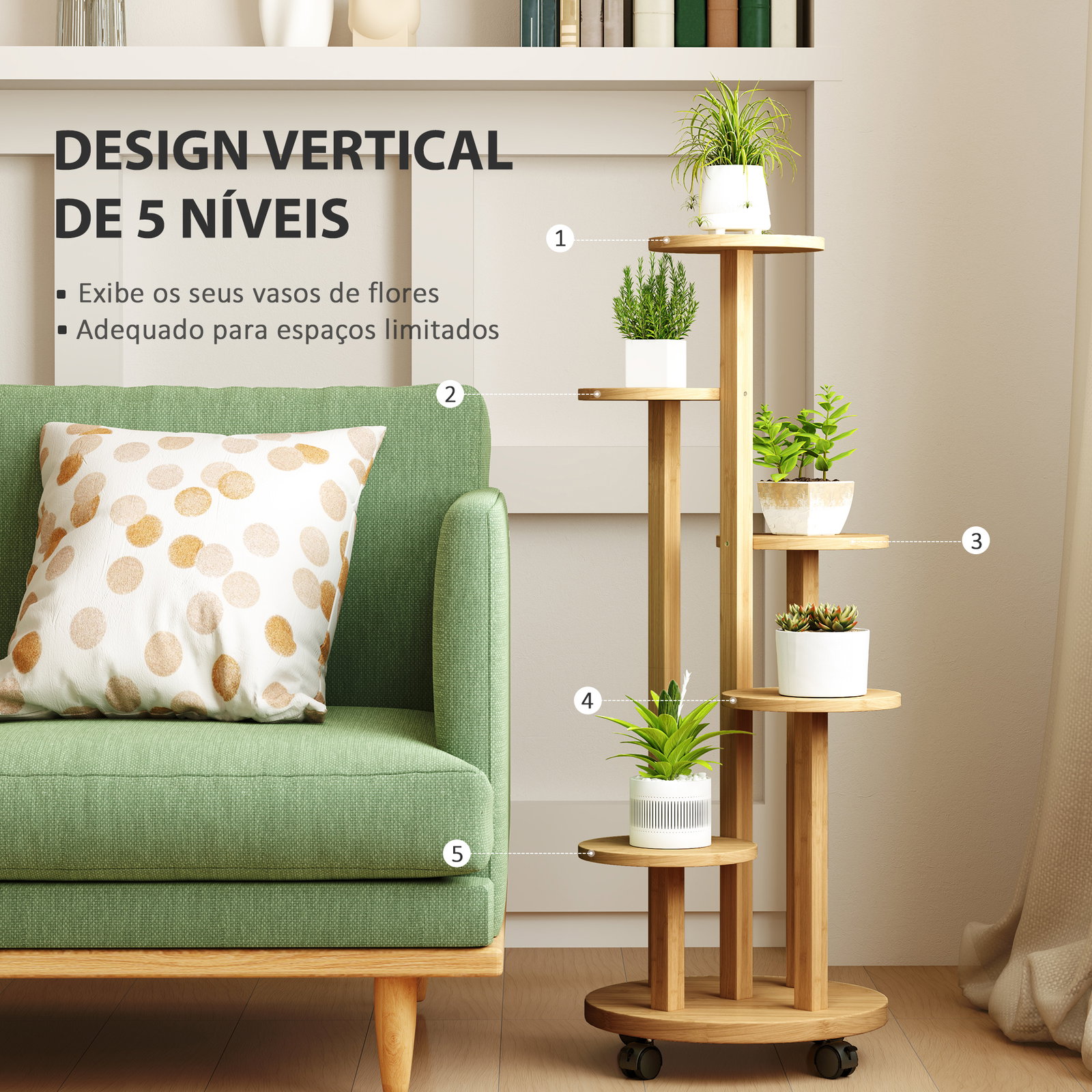 Suporte para plantas em bambu com rodas de 5 níveis estante redonda para plantas para cantos 33x33x90 cm madeira