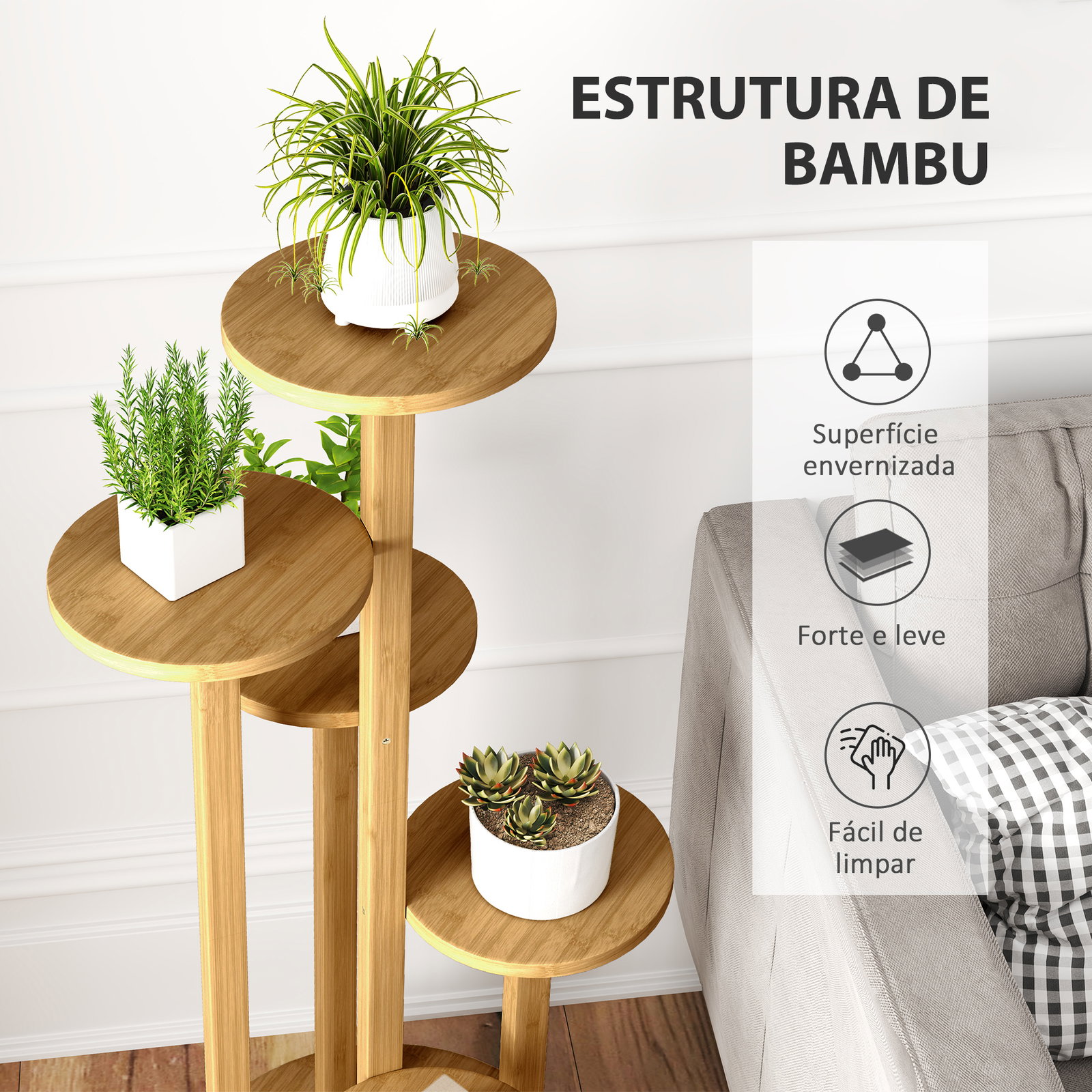 Suporte para plantas em bambu com rodas de 5 níveis estante redonda para plantas para cantos 33x33x90 cm madeira