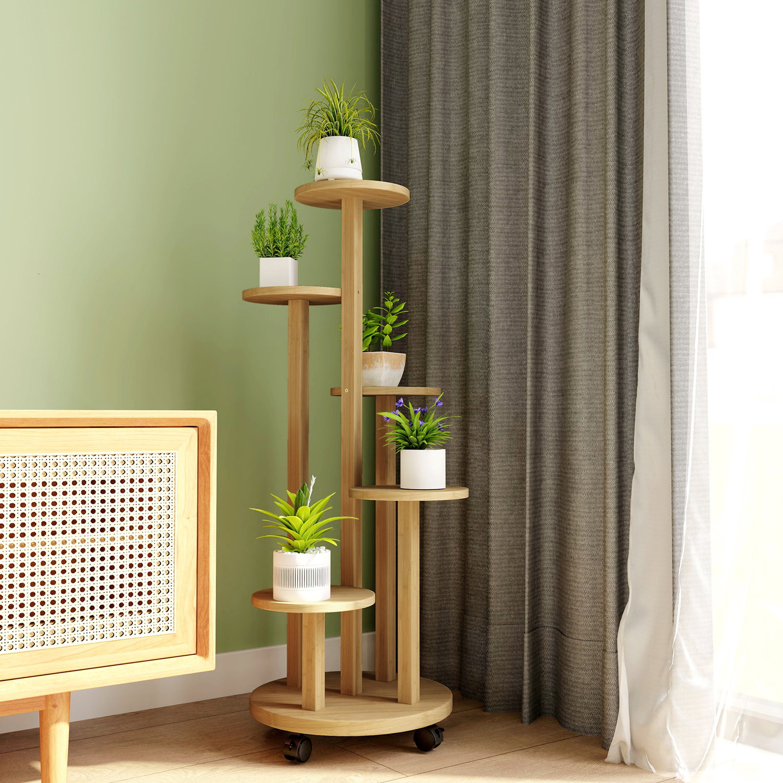 Suporte para plantas em bambu com rodas de 5 níveis estante redonda para plantas para cantos 33x33x90 cm madeira