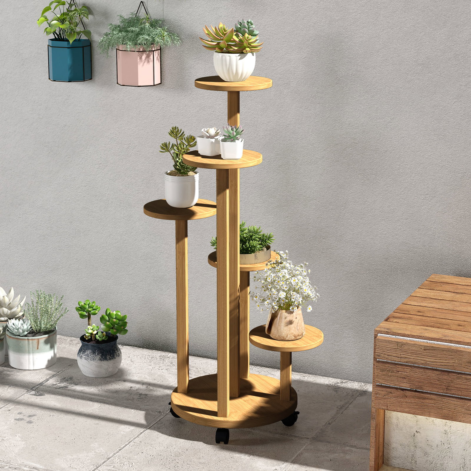 Suporte para plantas em bambu com rodas de 5 níveis estante redonda para plantas para cantos 33x33x90 cm madeira