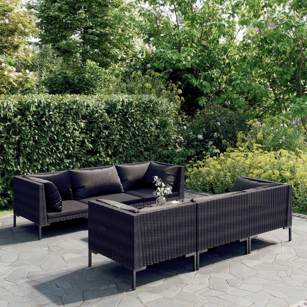 7 Pcs conj. lounge jardim c/ almofadões vime PE cinzento-escuro