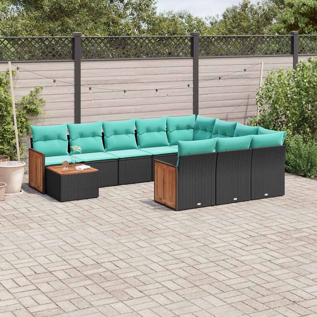 Conjunto de sofá de jardim com 11 peças e almofadas em rattan sintético preto