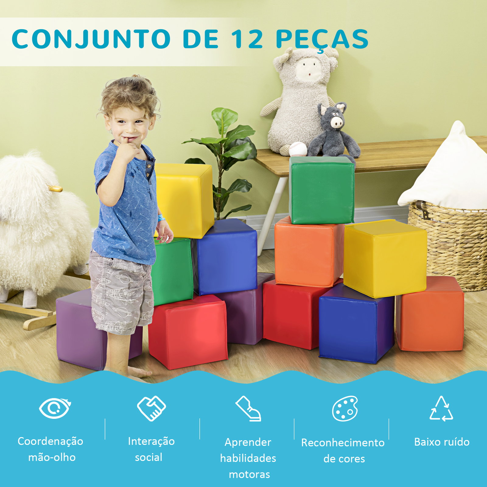 Conjunto de 12 blocos psicomotricidade para crianças blocos de construção brinquedo para aprendizagem multicor