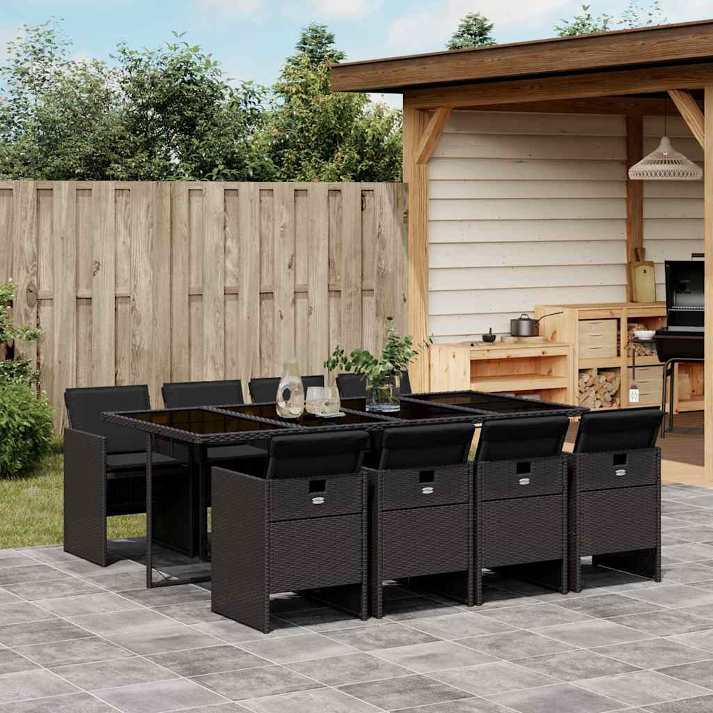 9 Pcs conjunto de jantar p/ jardim c/ almofadões vime PE preto