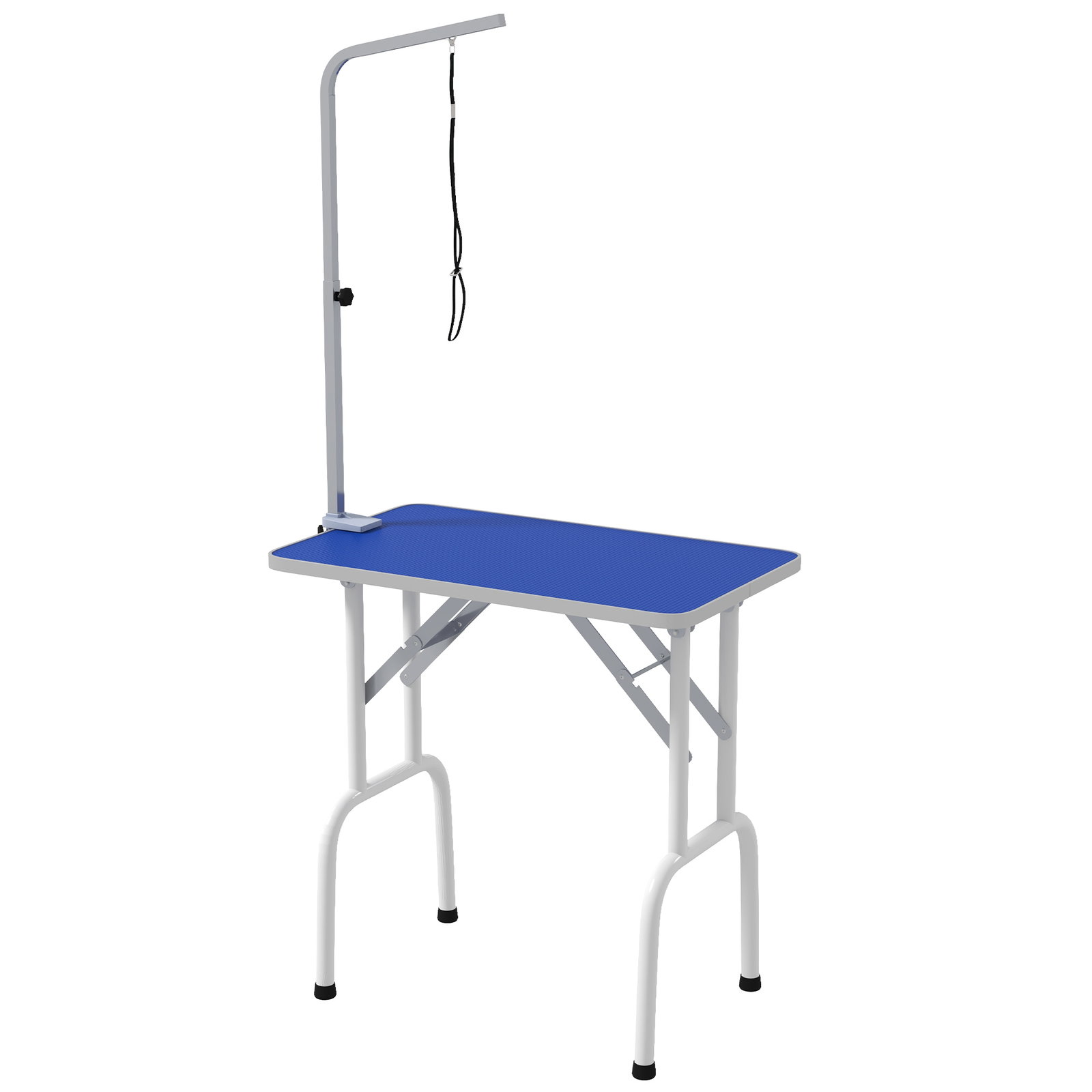 Mesa de tosquia para cães dobrável com braço ajustável entre 60-104 cm e bancada de borracha antiderrapante 81x48,5x80 cm azul