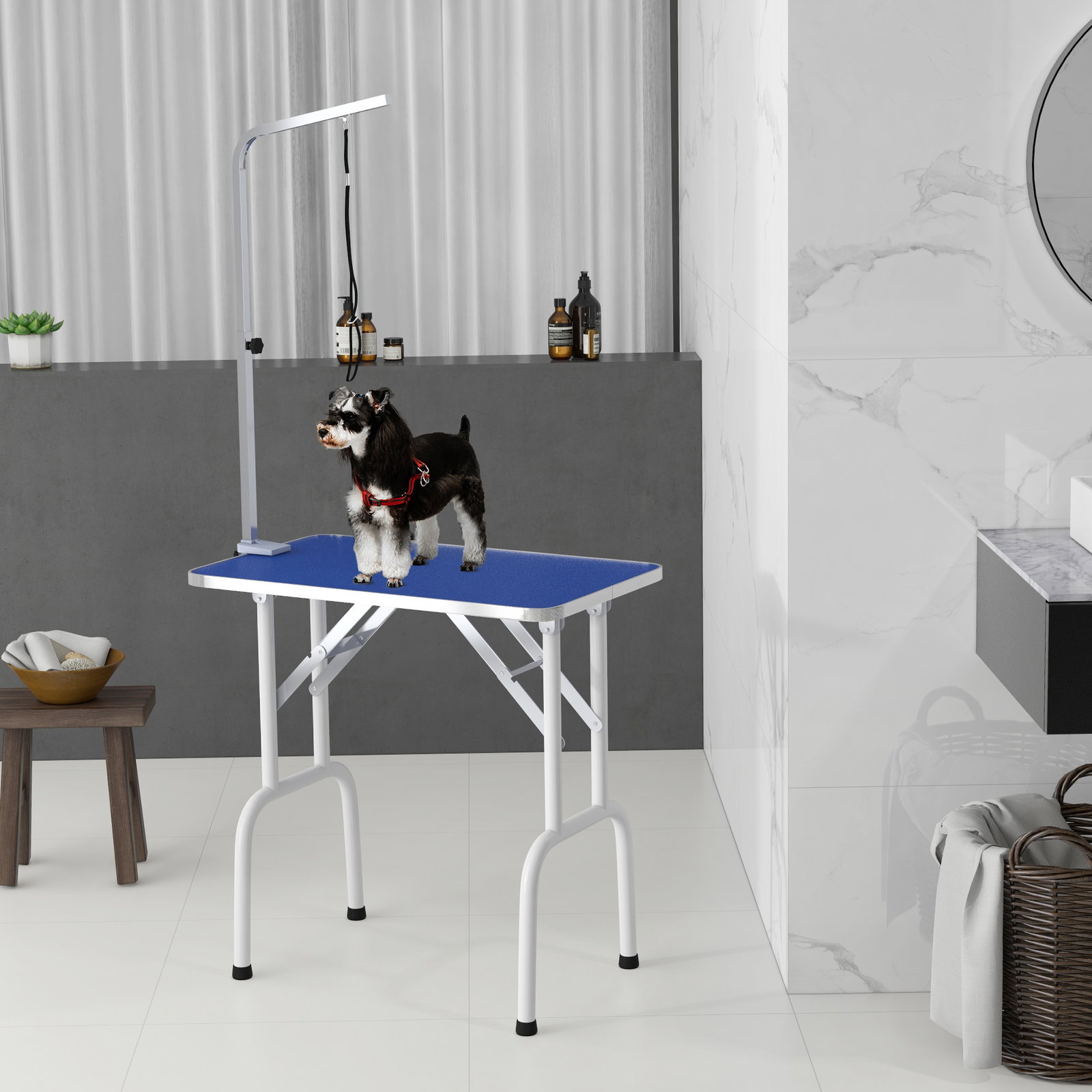 Mesa de tosquia para cães dobrável com braço ajustável entre 60-104 cm e bancada de borracha antiderrapante 81x48,5x80 cm azul