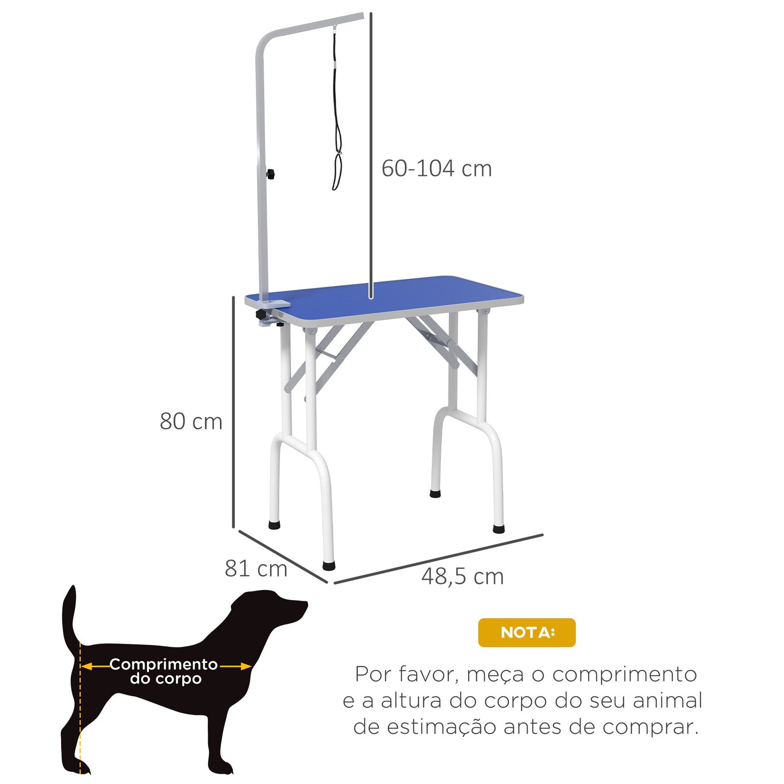 Mesa de tosquia para cães dobrável com braço ajustável entre 60-104 cm e bancada de borracha antiderrapante 81x48,5x80 cm azul