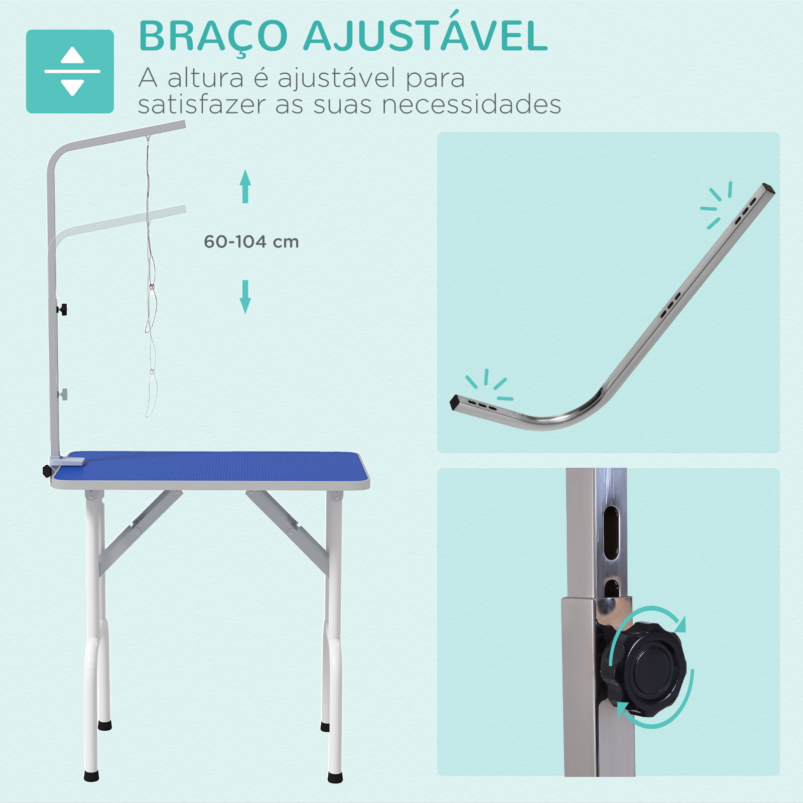 Mesa de tosquia para cães dobrável com braço ajustável entre 60-104 cm e bancada de borracha antiderrapante 81x48,5x80 cm azul