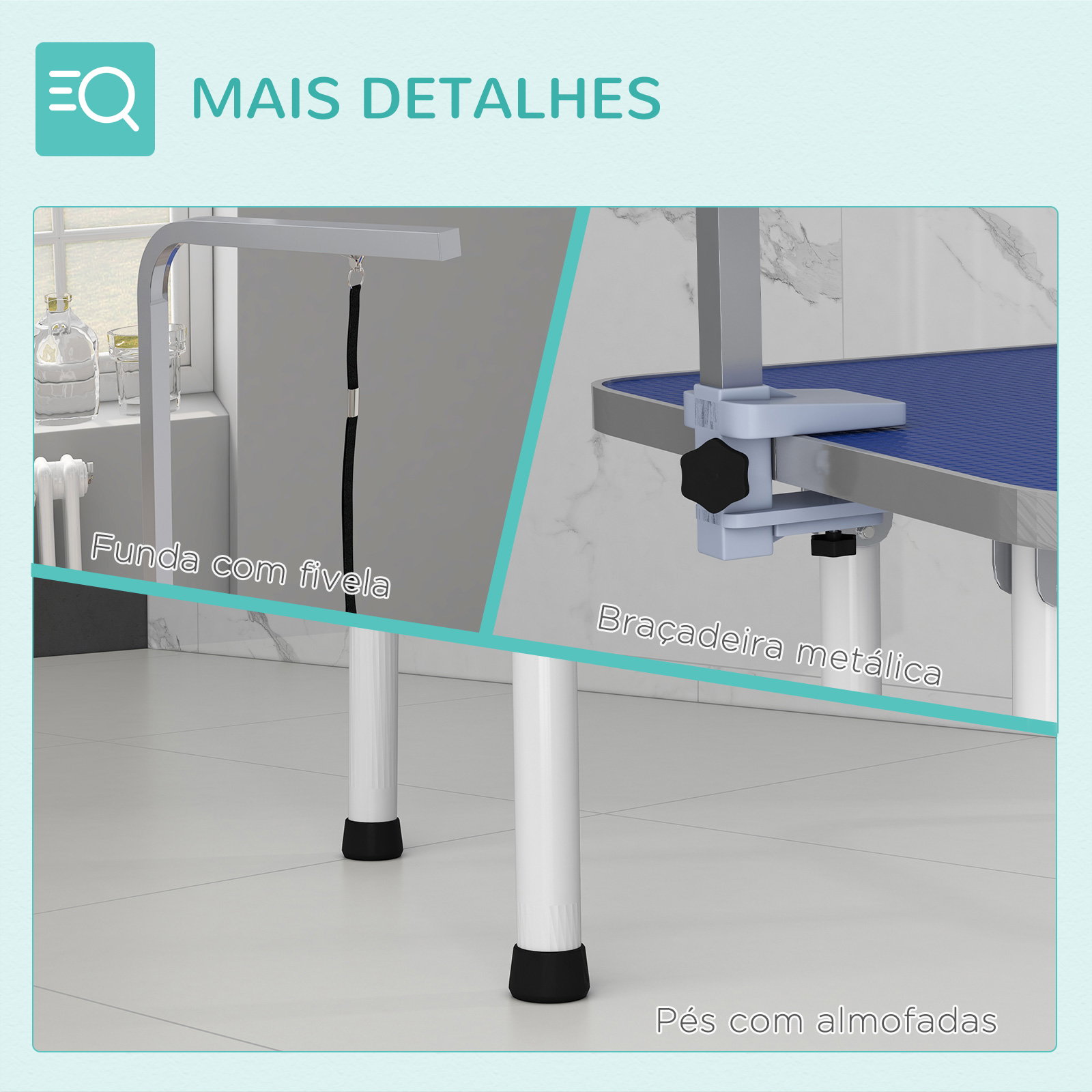 Mesa de tosquia para cães dobrável com braço ajustável entre 60-104 cm e bancada de borracha antiderrapante 81x48,5x80 cm azul