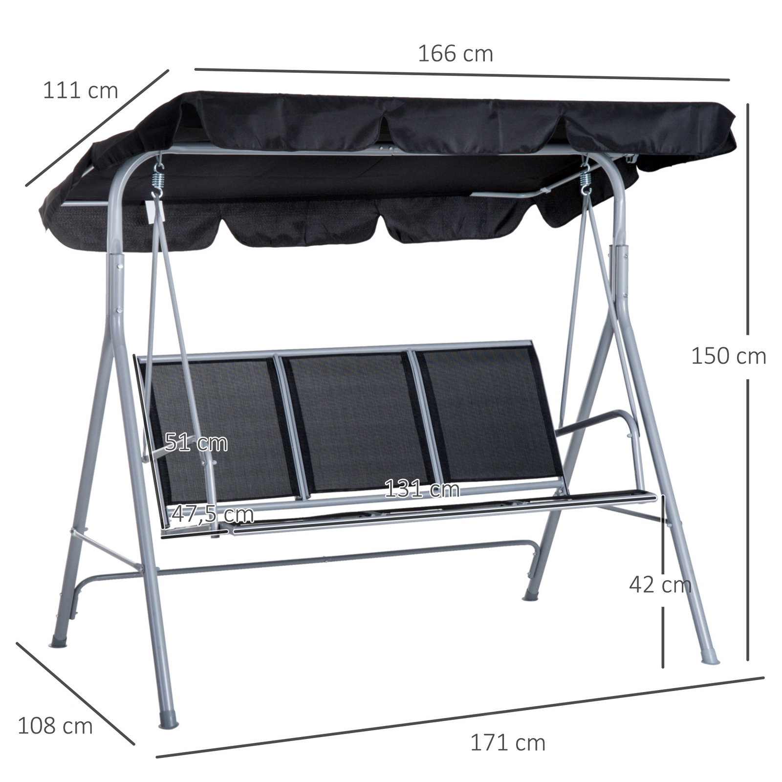 Baloiço de Jardim Exterior de 3 Lugares com Toldo Ajustável, Encosto Respirável e Estrutura Metálica para Terraço e Varanda, Sup