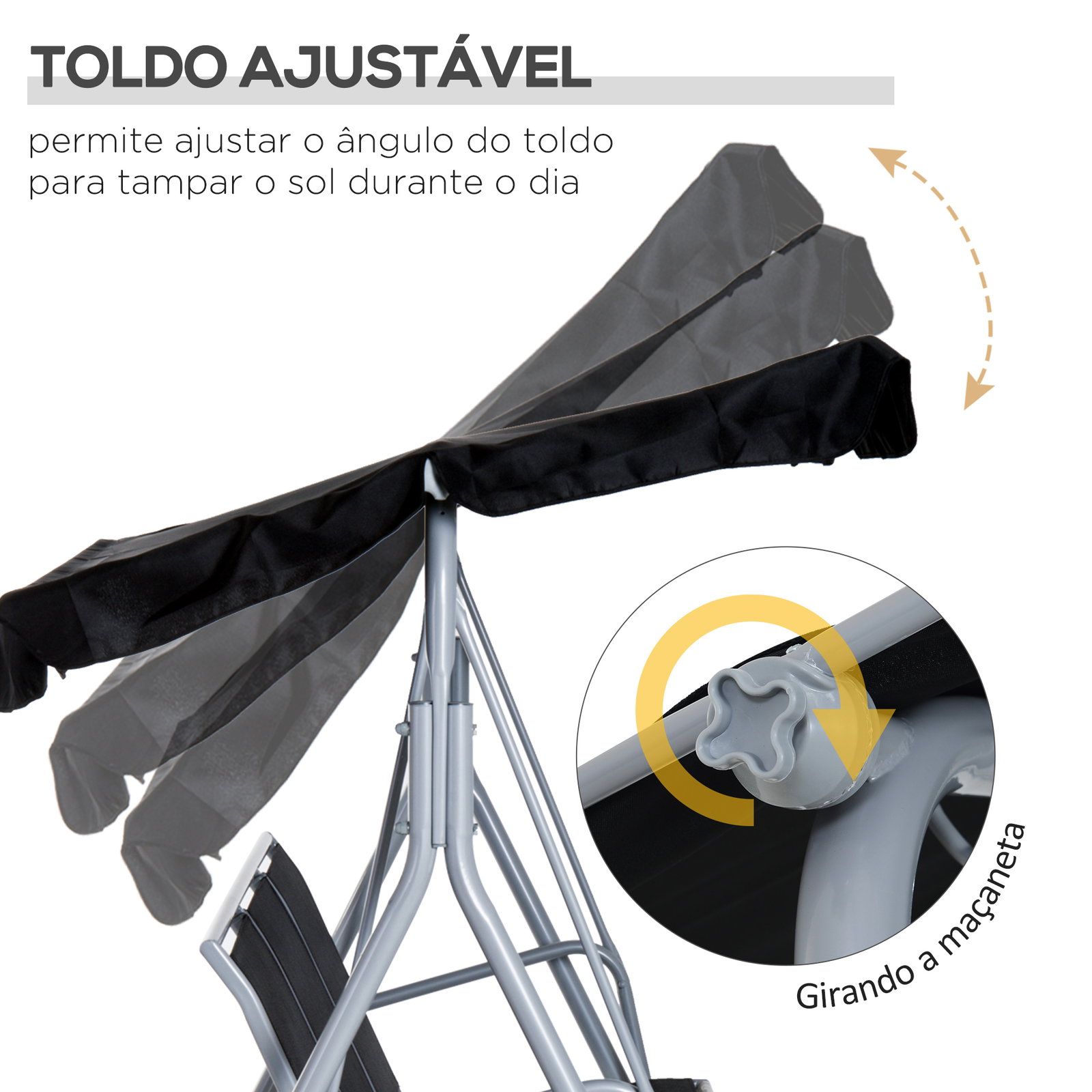 Baloiço de Jardim Exterior de 3 Lugares com Toldo Ajustável, Encosto Respirável e Estrutura Metálica para Terraço e Varanda, Sup