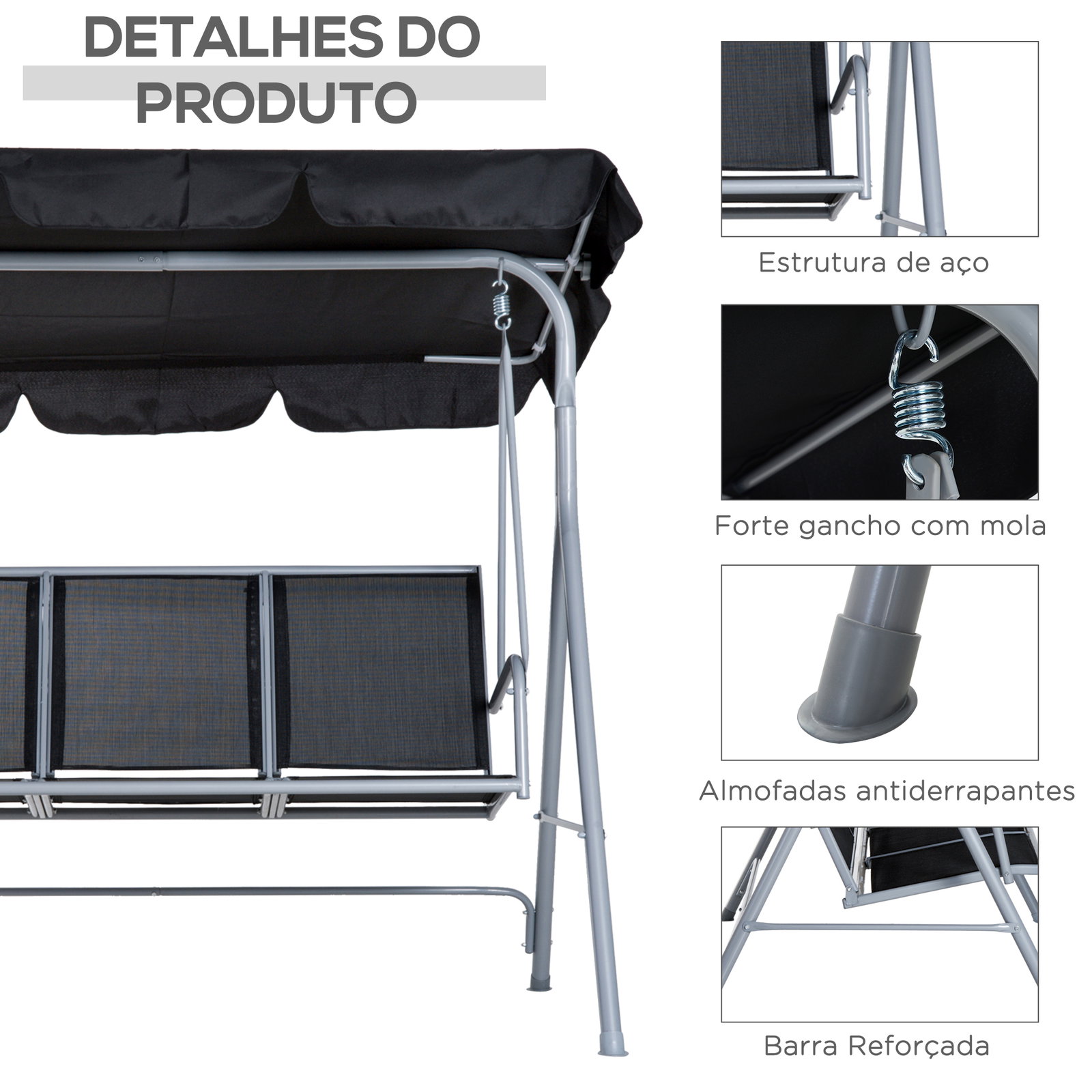 Baloiço de Jardim Exterior de 3 Lugares com Toldo Ajustável, Encosto Respirável e Estrutura Metálica para Terraço e Varanda, Sup