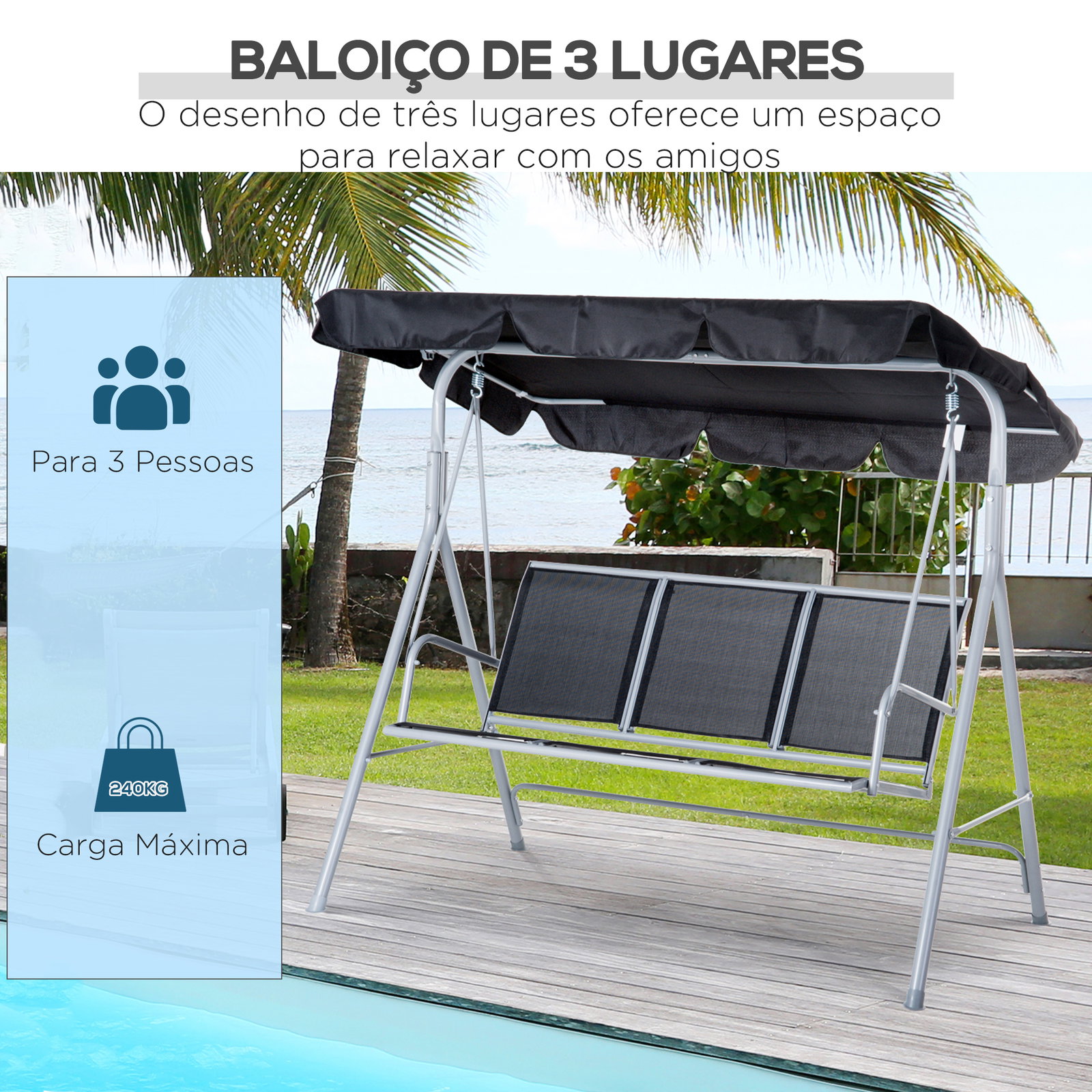 Baloiço de Jardim Exterior de 3 Lugares com Toldo Ajustável, Encosto Respirável e Estrutura Metálica para Terraço e Varanda, Sup