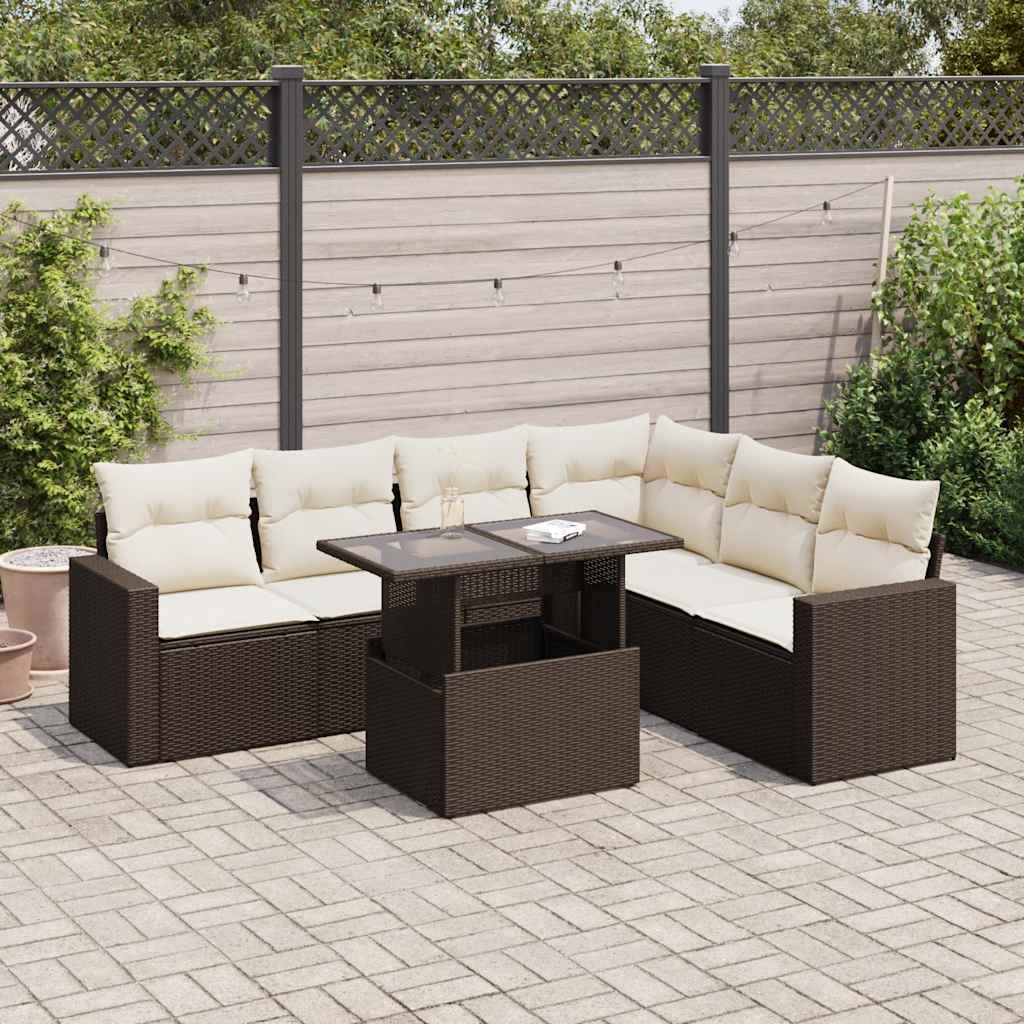 7 Pcs conjunto de sofás jardim c/ almofadões vime PE castanho