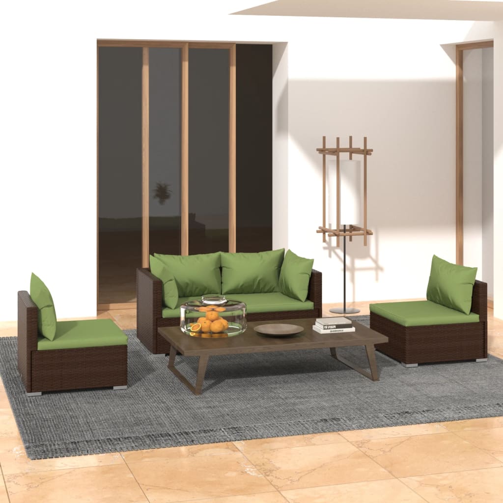 4 Pcs conjunto lounge jardim c/ almofadões vime PE castanho