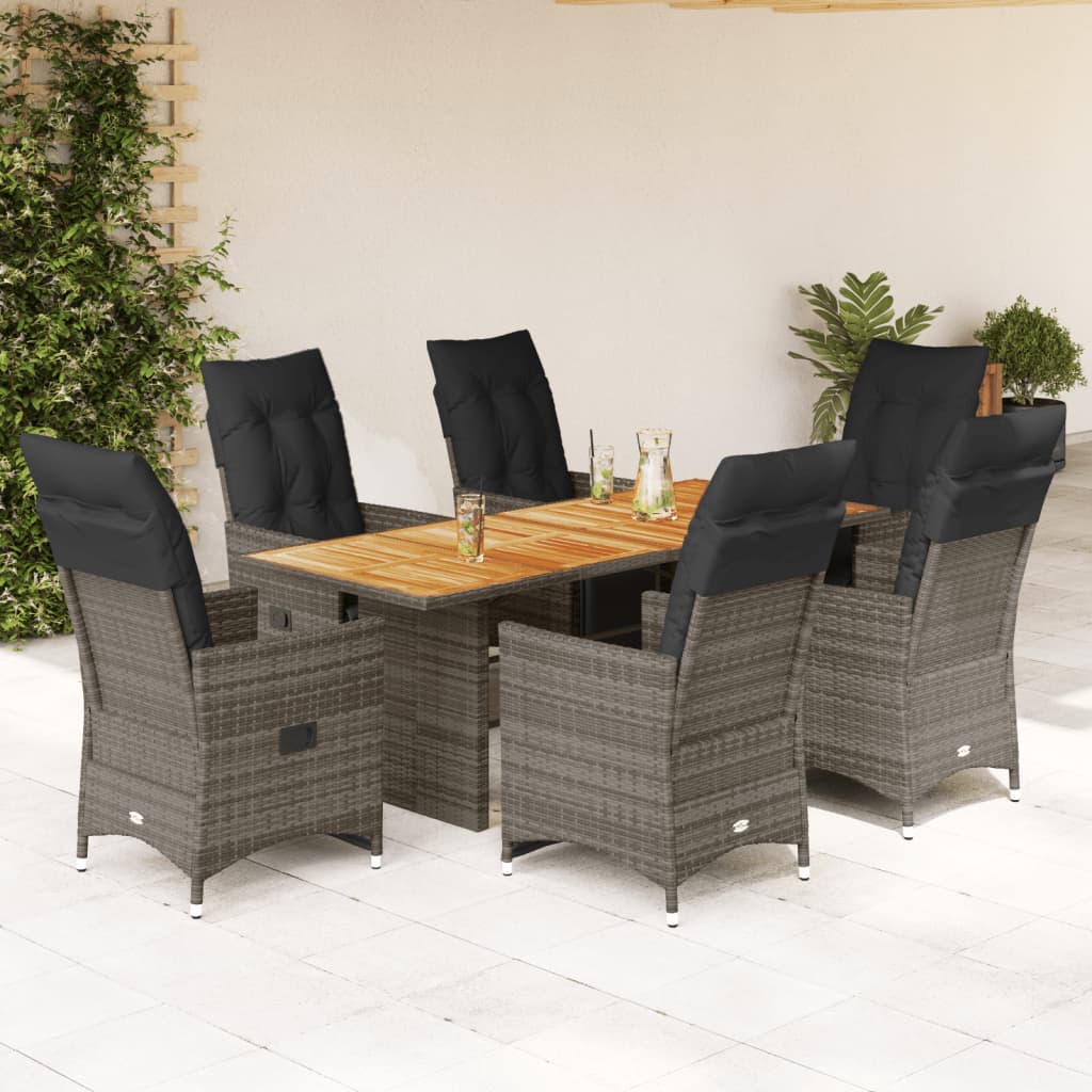 7 Pcs conjunto bistrô de jardim c/ almofadões vime PE cinza