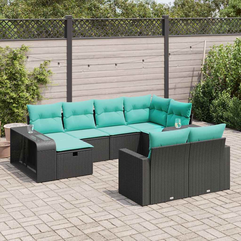 10 Pcs conjunto sofás de jardim c/ almofadões vime PE preto