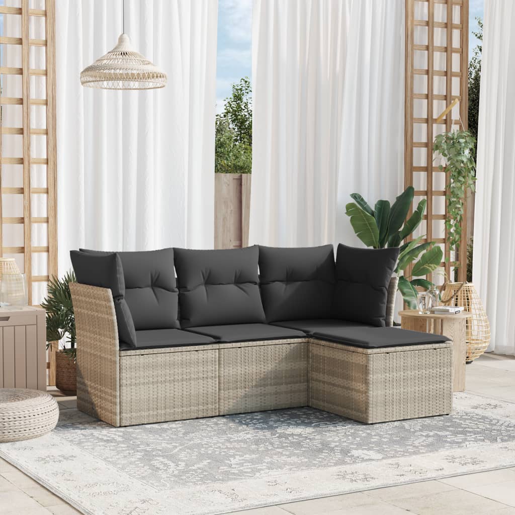 4 Pcs conj. sofás jardim c/ almofadões vime PE cinzento-claro
