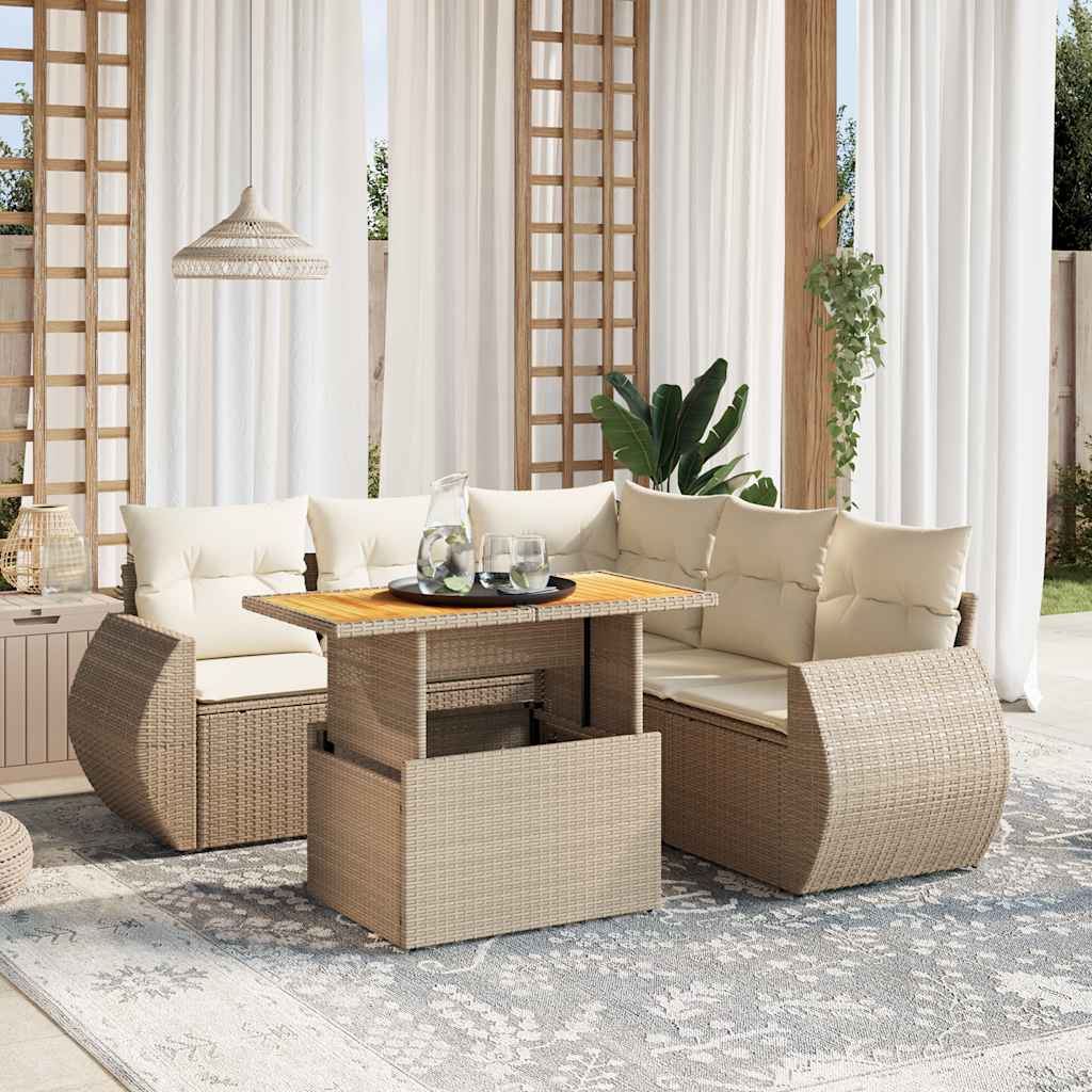 6 Pcs conjunto de sofás p/ jardim com almofadões vime PE bege