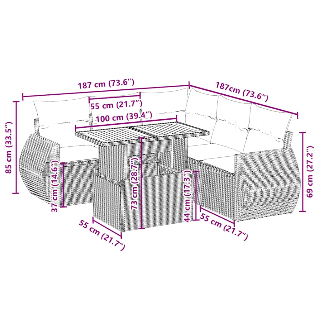 6 Pcs conjunto de sofás p/ jardim com almofadões vime PE bege