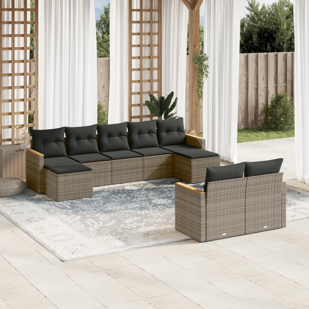 9 Pcs conjunto sofás p/ jardim com almofadões vime PE cinzento