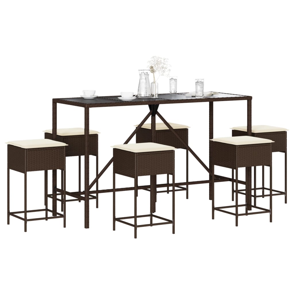 7 Pcs conjunto de bar p/ jardim c/ almofadões vime PE castanho