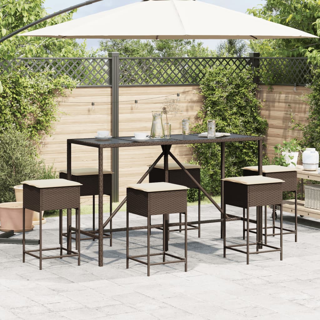 7 Pcs conjunto de bar p/ jardim c/ almofadões vime PE castanho