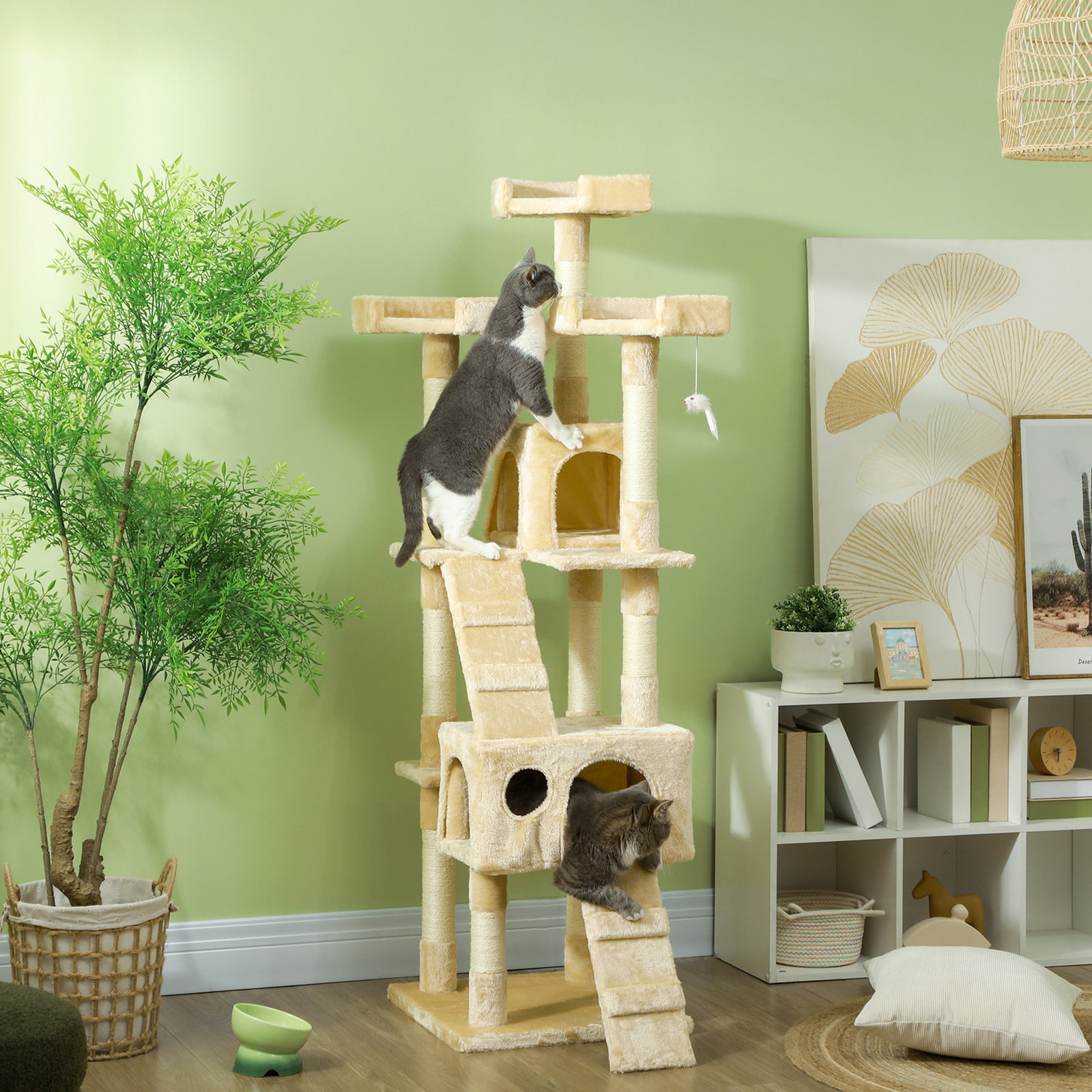 Árvore Arranhador para Gatos Grande 49x49x173 cm com Múltiplos Níveis Cavernas Brinquedos Suspensos Centro de Atividades de Sisa