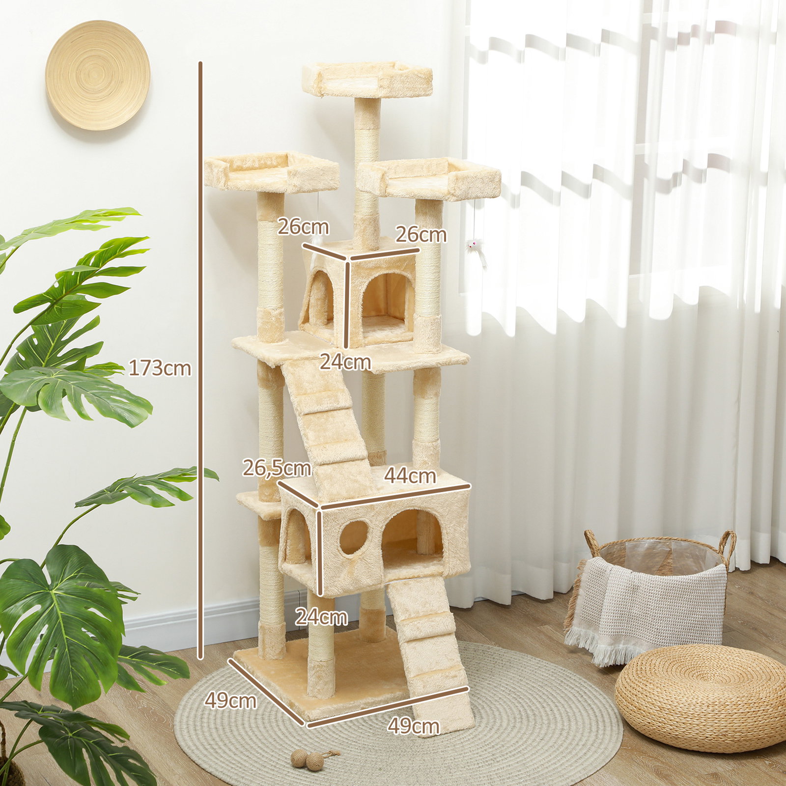 Árvore Arranhador para Gatos Grande 49x49x173 cm com Múltiplos Níveis Cavernas Brinquedos Suspensos Centro de Atividades de Sisa