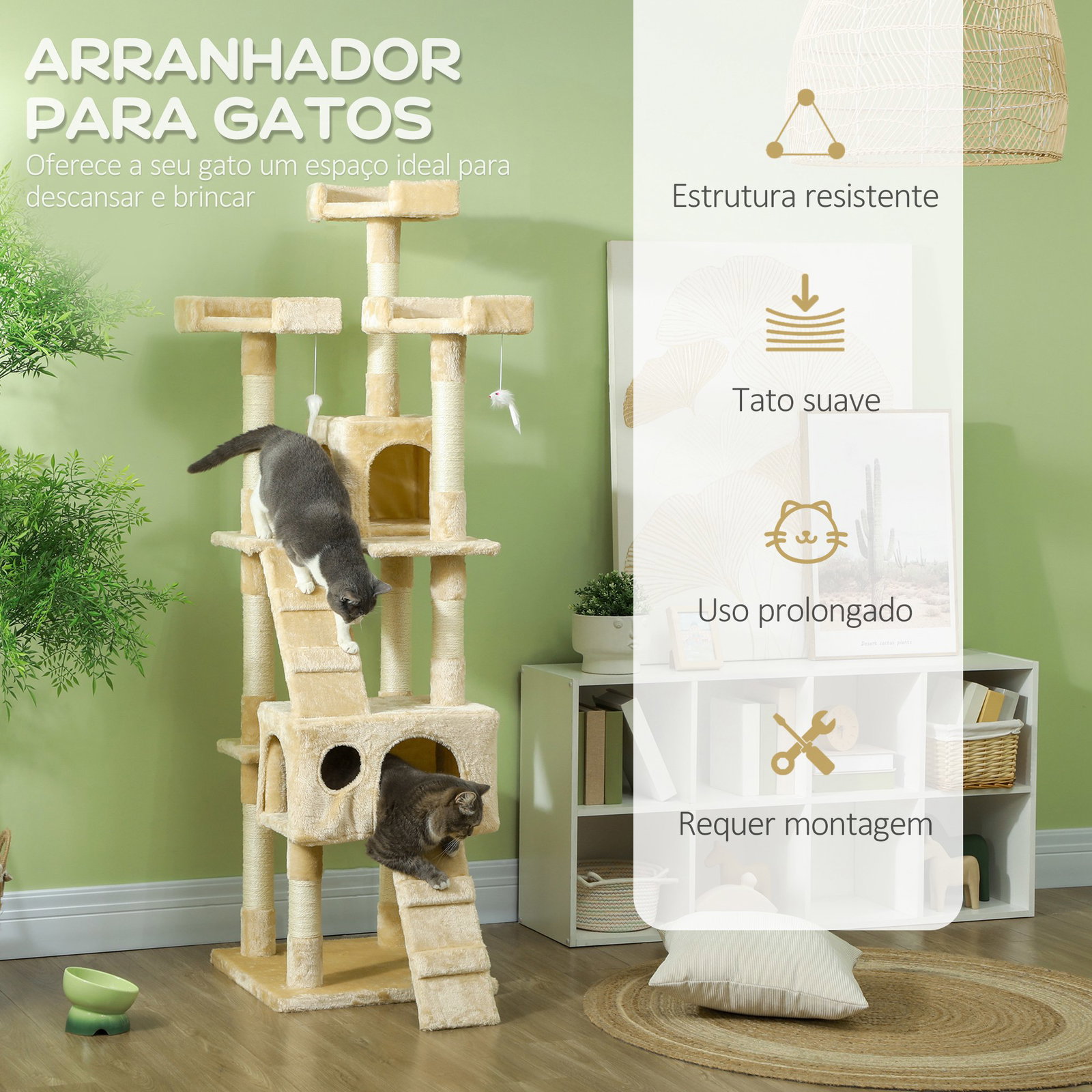 Árvore Arranhador para Gatos Grande 49x49x173 cm com Múltiplos Níveis Cavernas Brinquedos Suspensos Centro de Atividades de Sisa