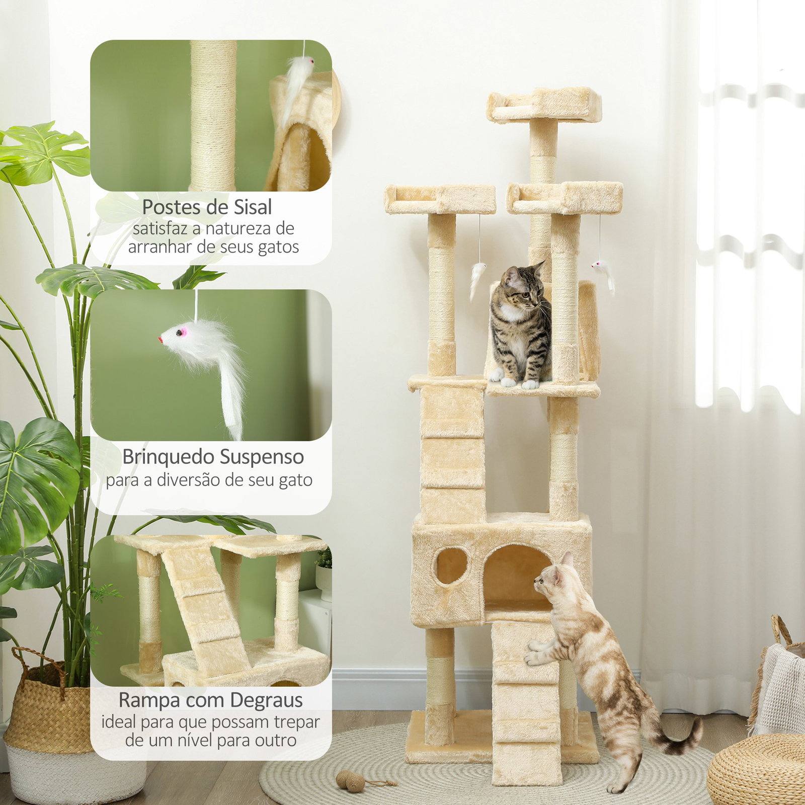 Árvore Arranhador para Gatos Grande 49x49x173 cm com Múltiplos Níveis Cavernas Brinquedos Suspensos Centro de Atividades de Sisa