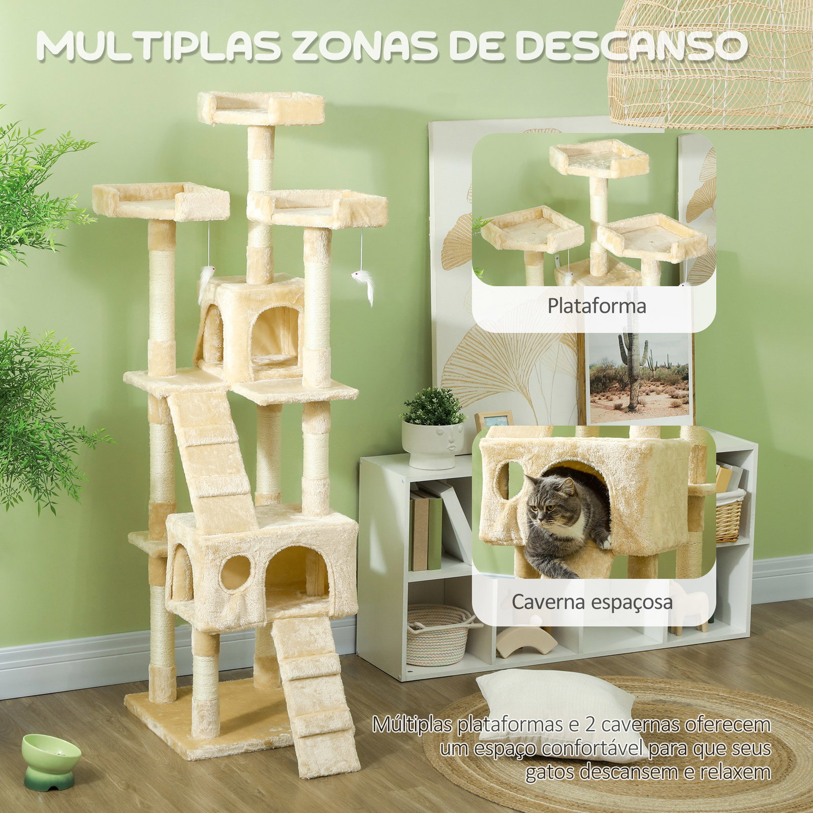 Árvore Arranhador para Gatos Grande 49x49x173 cm com Múltiplos Níveis Cavernas Brinquedos Suspensos Centro de Atividades de Sisa