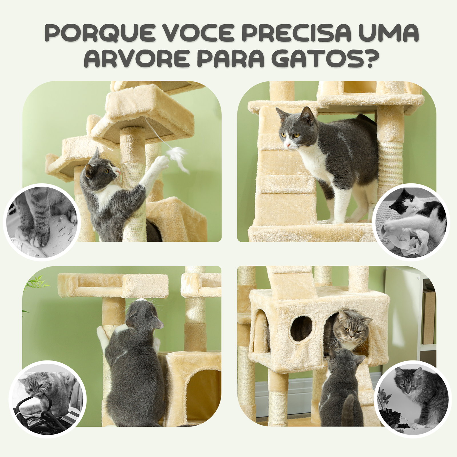 Árvore Arranhador para Gatos Grande 49x49x173 cm com Múltiplos Níveis Cavernas Brinquedos Suspensos Centro de Atividades de Sisa