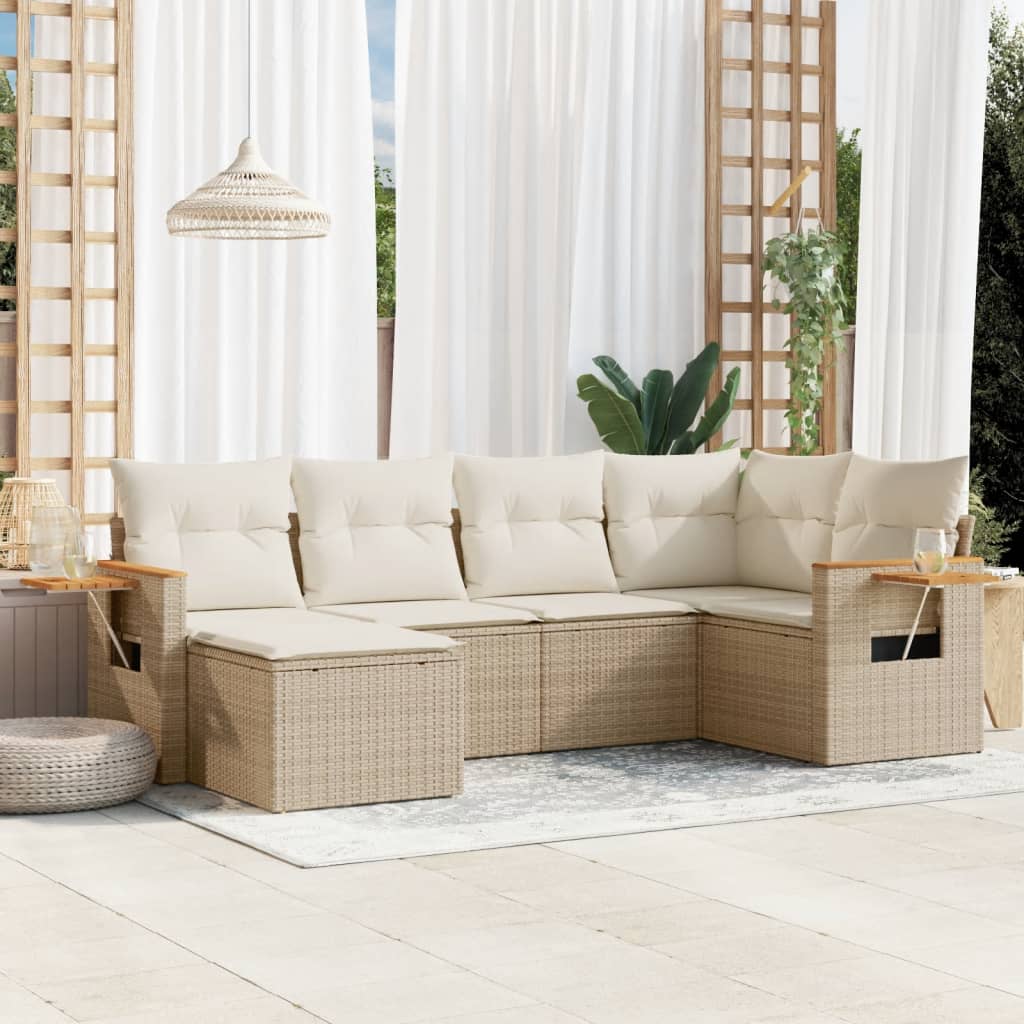 6 Pcs conjunto de sofás p/ jardim com almofadões vime PE bege