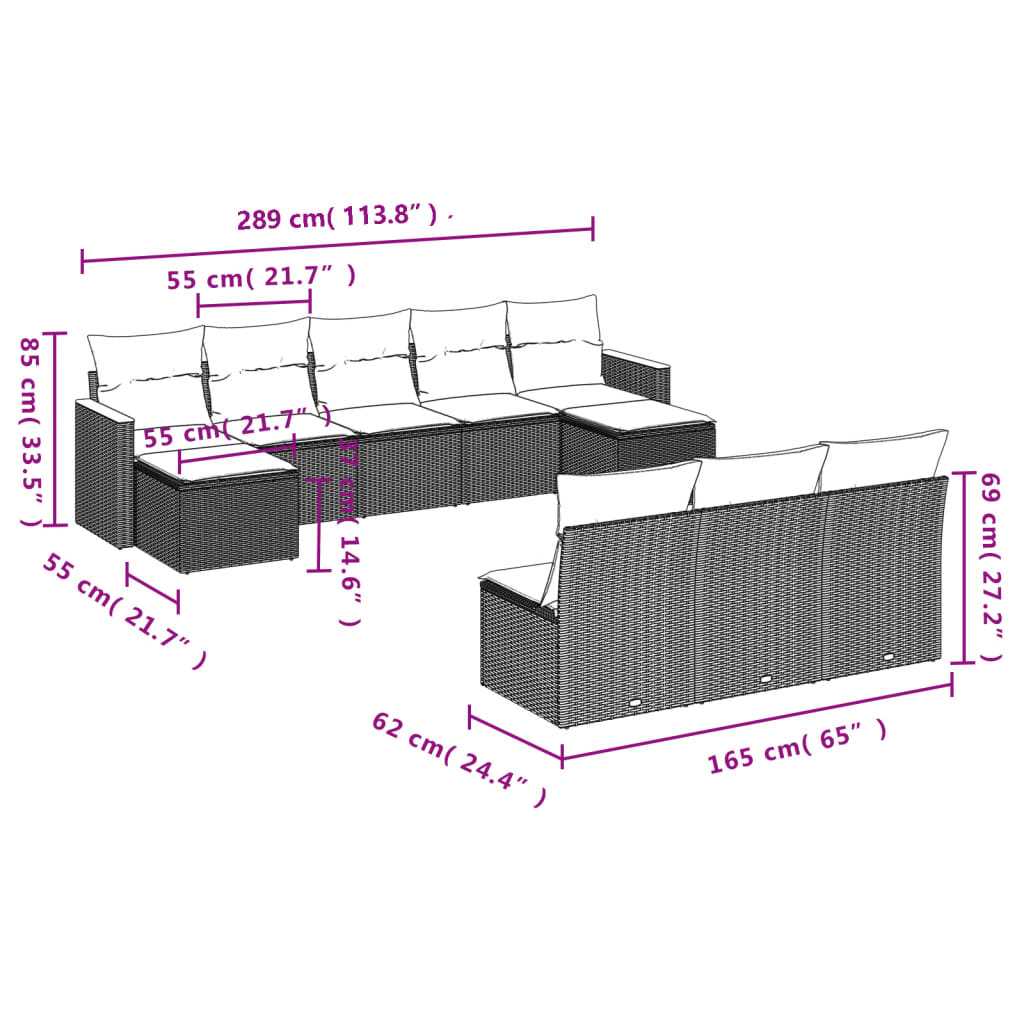 10 Pcs conjunto sofás de jardim c/ almofadões vime PE cinzento