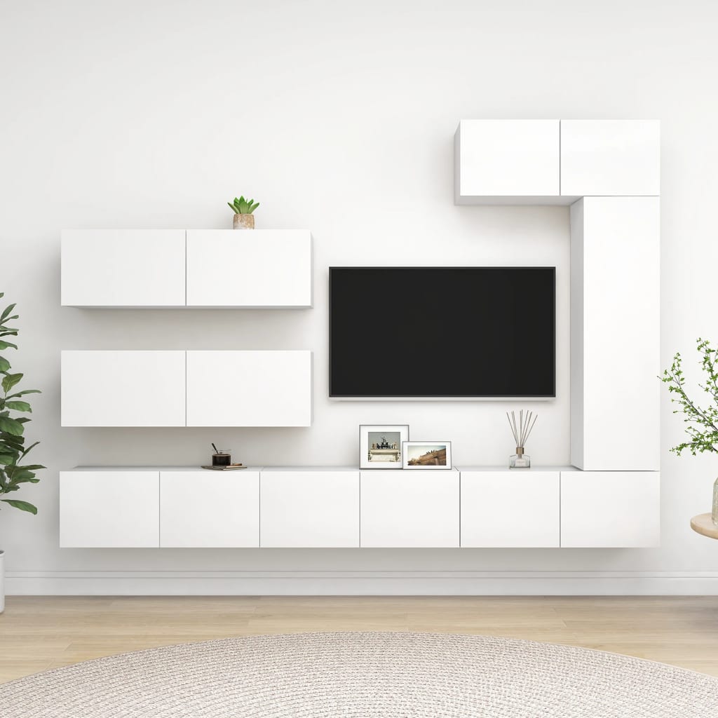 7 Pcs conjunto de móveis de TV derivados de madeira branco