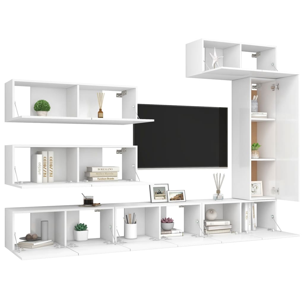 7 Pcs conjunto de móveis de TV derivados de madeira branco