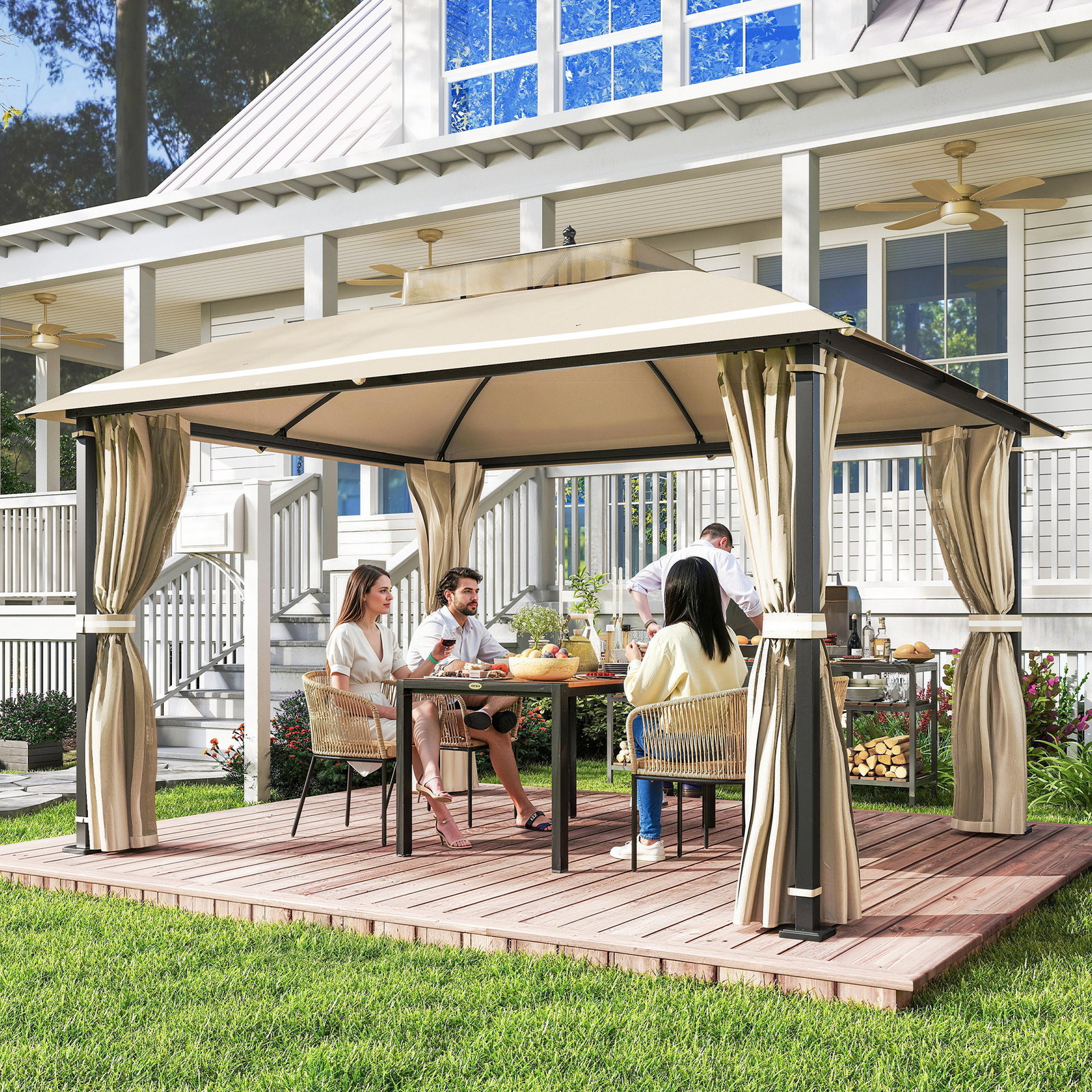 Pérgola de jardim 370x303x290 cm com telhado duplo cortinas laterais e mosquiteiras resistente à água e anti-UV bege
