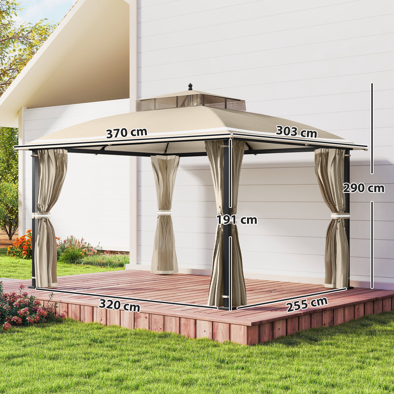 Pérgola de jardim 370x303x290 cm com telhado duplo cortinas laterais e mosquiteiras resistente à água e anti-UV bege